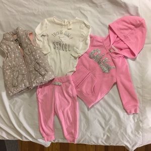 OshKosh puffer vest, pink sweatsuit and onesie 12M